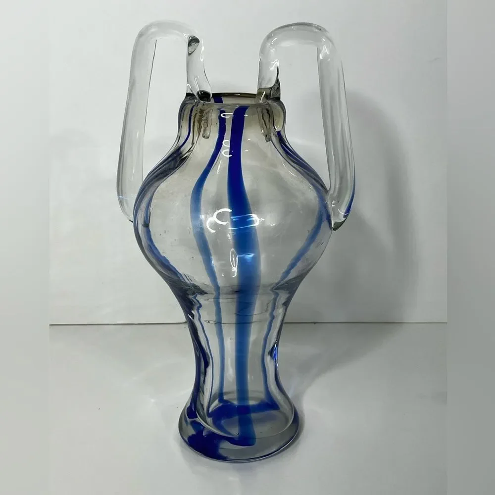 Handblown Glass Cobalt Swirl Double Handle Large‎ Vase 12